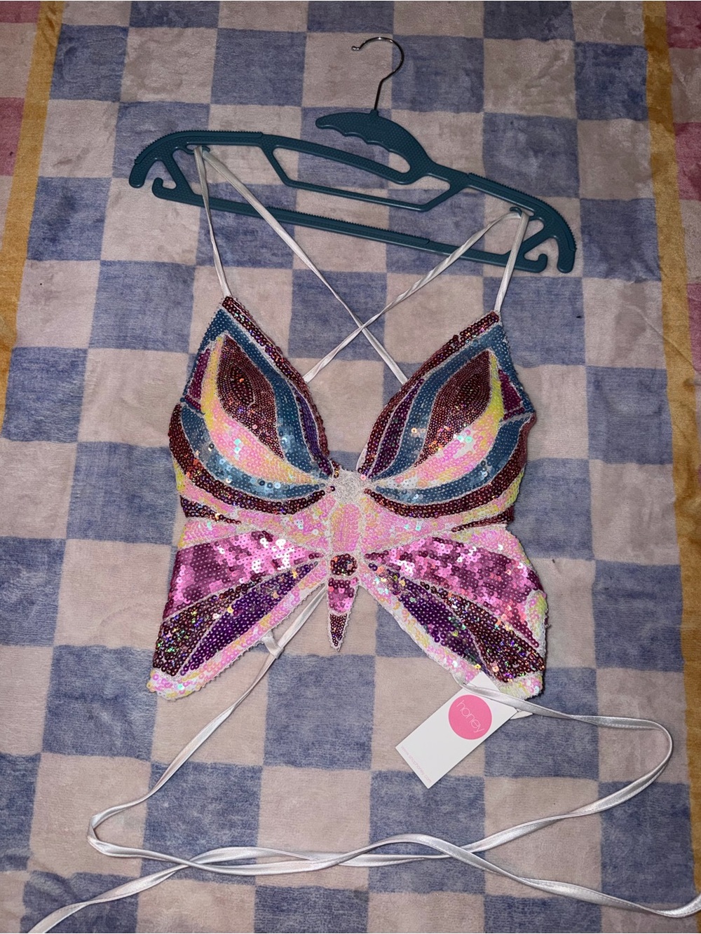 Nwt honey Sequin Butterfly Crop Top with corset ties - Pink Blue Purple